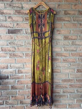 BHANUNI BY JYOTI Boho Maxi Dress Pleated Floral Tie Waist XS
